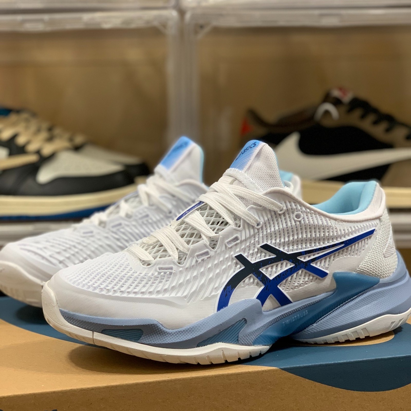 ASICS Court FF 3 Novak White Tuna Blue 1041A522-967  NEW Men's 4-11