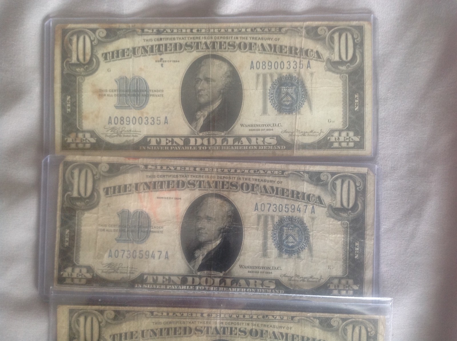 4 1934 $10.00 Blue Seals, (2-1934, 1-1934A, 1-1934D) EF-AU