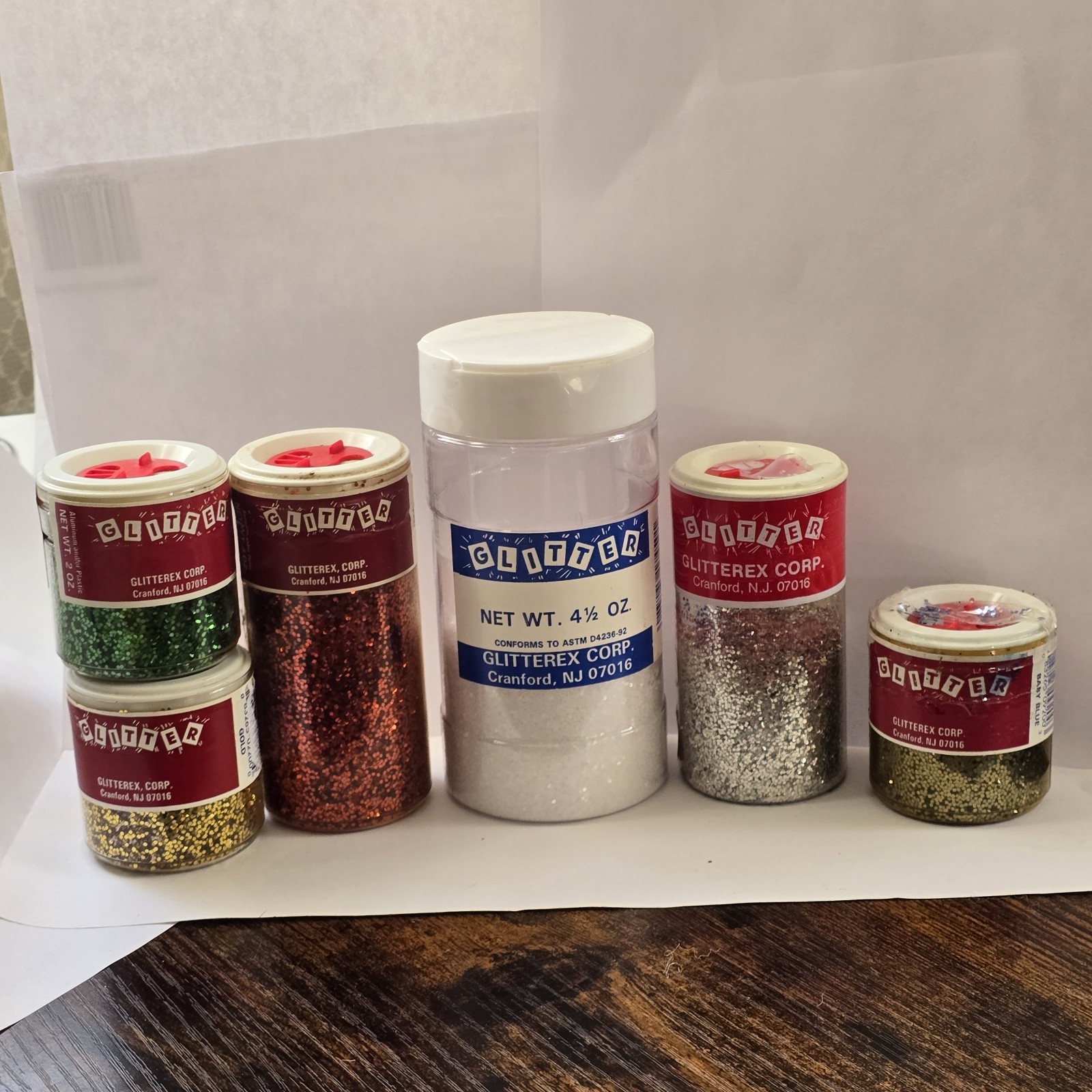 Vintage Craft Glitter GLITTEREX CORP Lot Gold Green Baby Blue Red Silver White