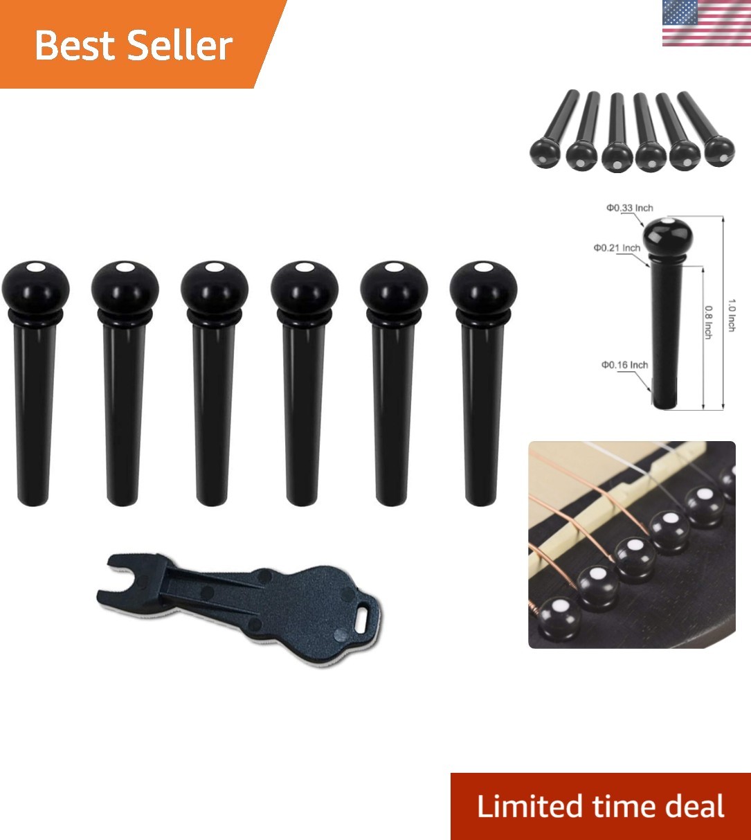 Professional Guitar Bridge Pins Set - 6 Durable Pins with Puller Tool Included