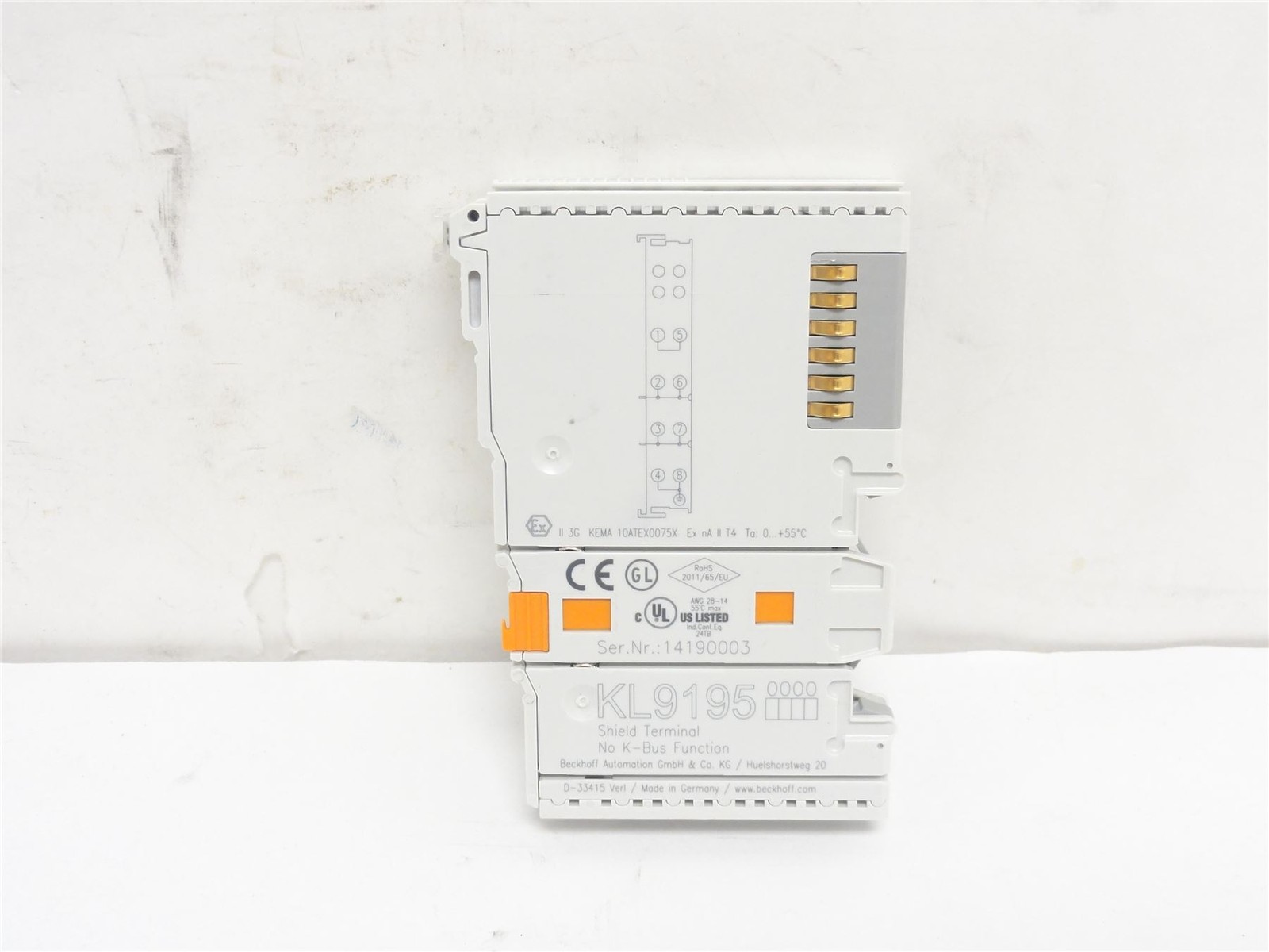 252412 New-No Box; Beckhoff KL9195 Shield Terminal; 10A; 230VAC