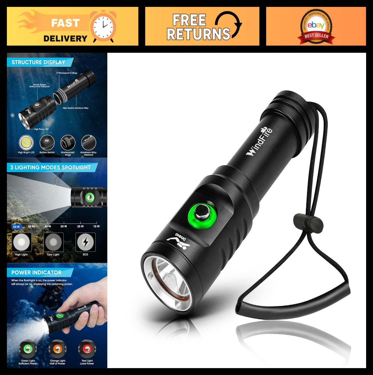 Super Bright Rechargeable Waterproof Dive Light - 3 Modes Scuba Flashlight Torch