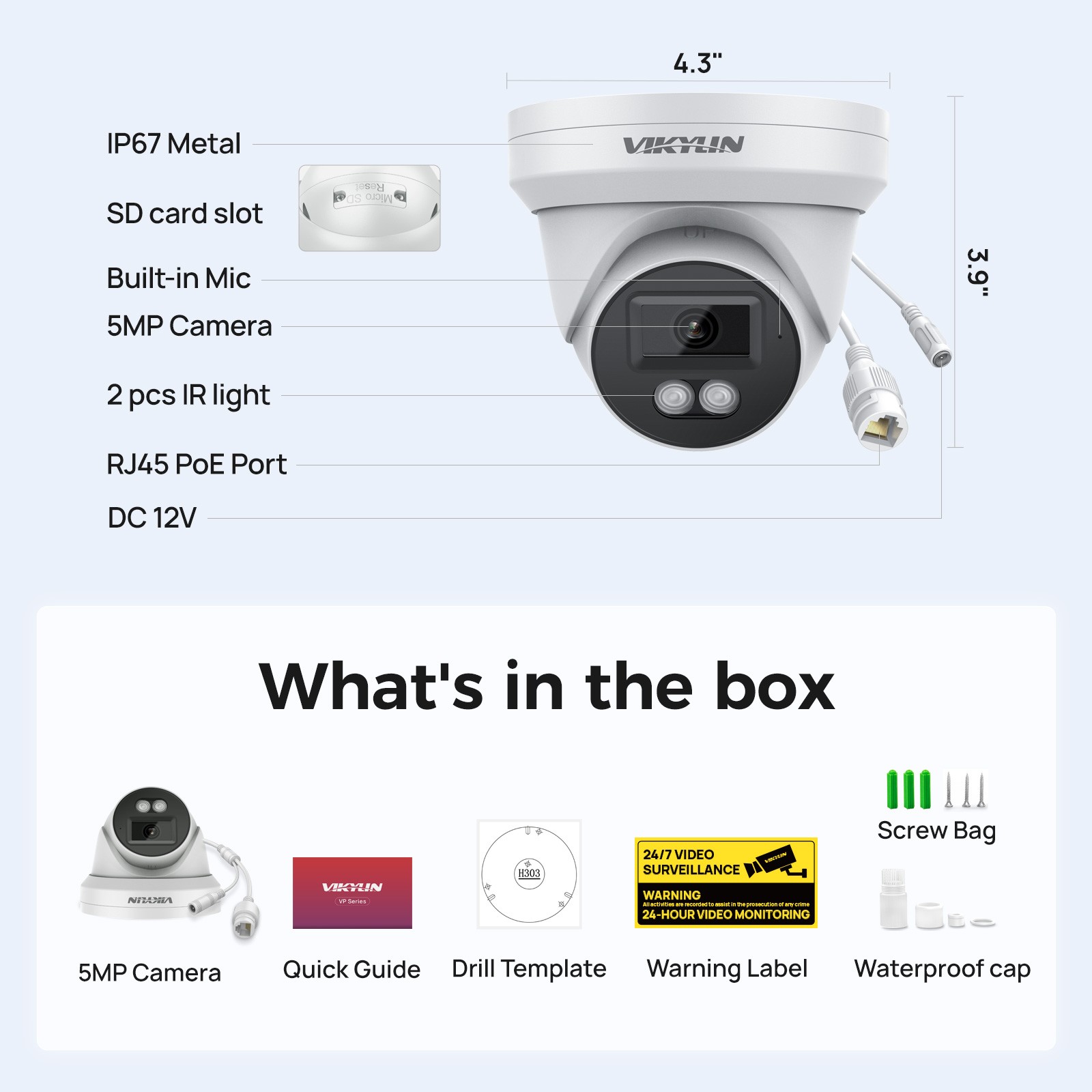 VIKYLIN 5MP IR Night Vision IP Camera Built-in Microphon Human Vehicle Detection