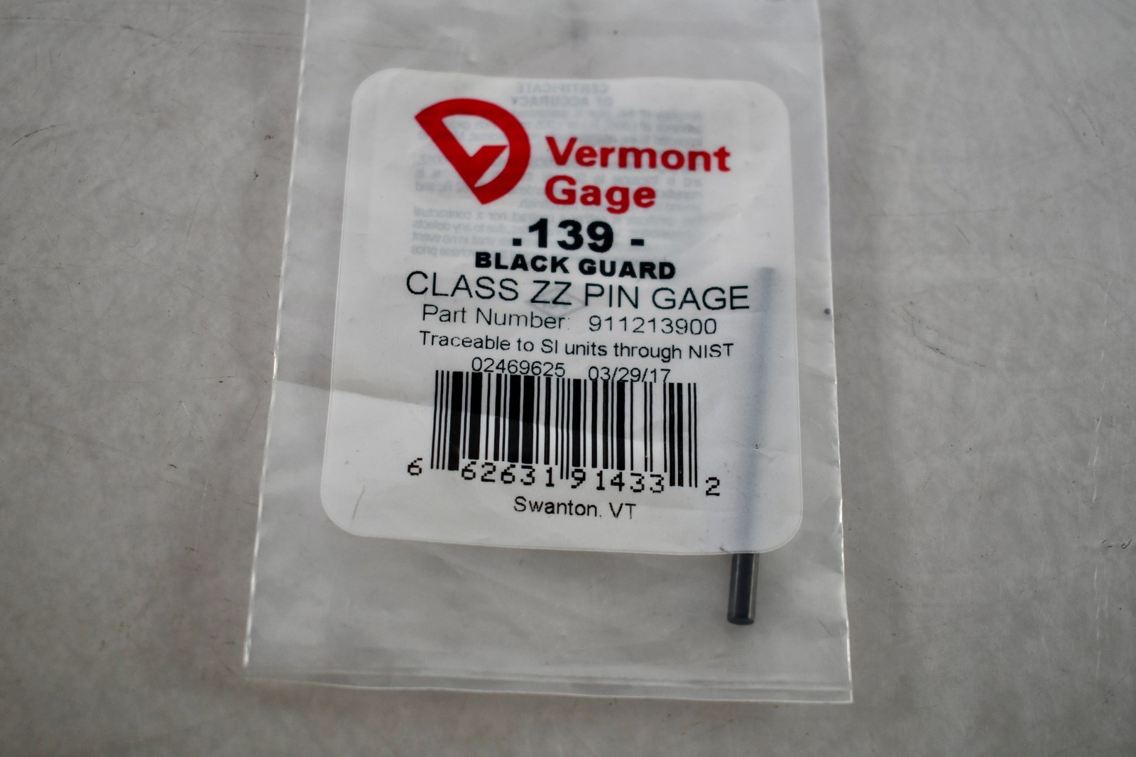 NEW Vermont Gage 911213900 Class ZZ Black Guard 0.139 Inch Minus Pin Gage