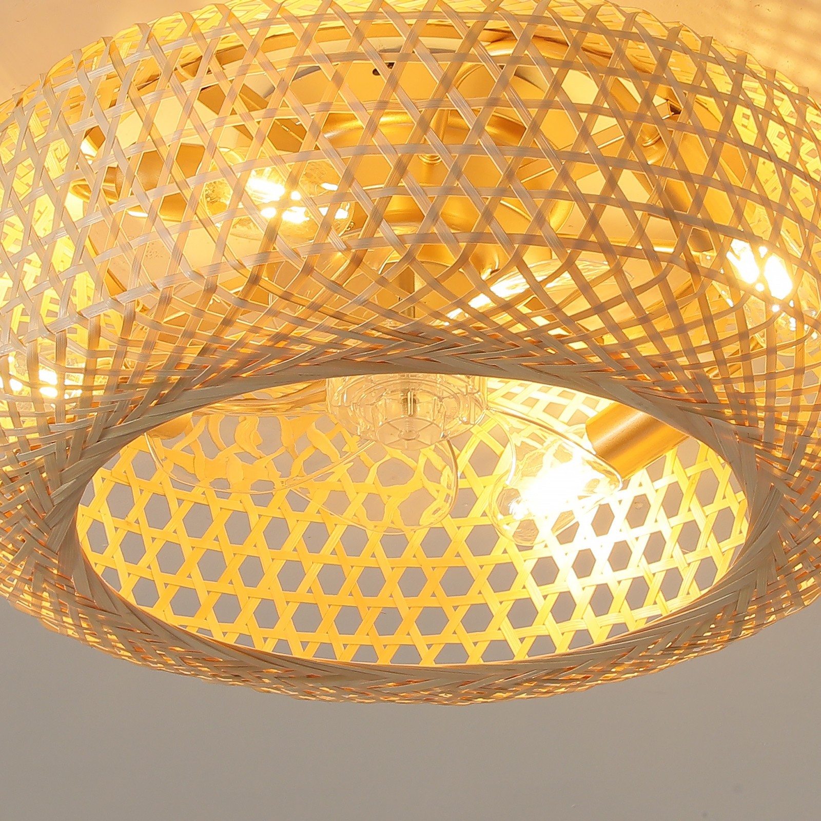 20" Boho Caged Ceiling Fan with Light, Flush Mount Bamboo Rattan Ceiling Fan