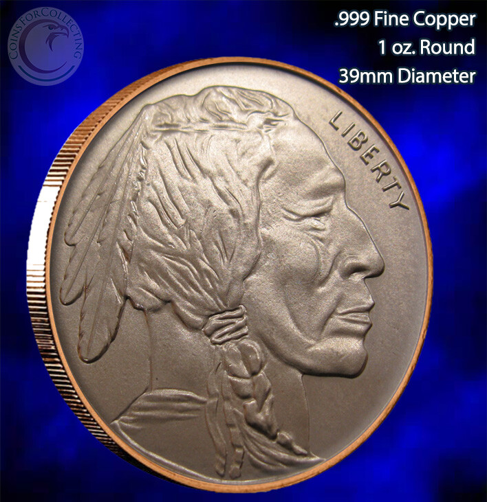 "Indian Buffalo" 1oz .999 Copper Beautiful Round Semi Gloss