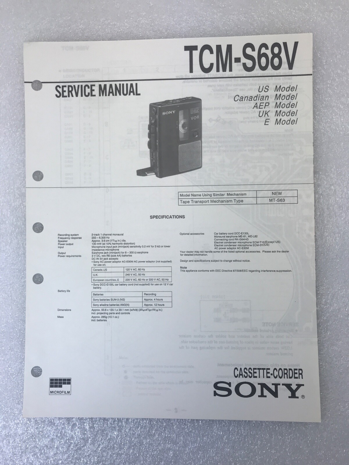 Original OEM Sony TCM-S68V Repair Service Manual Cassette Corder 1993