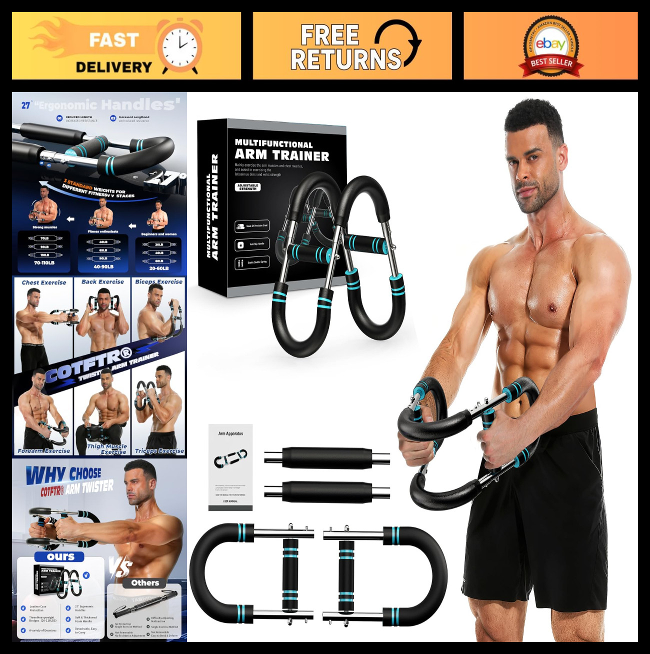 Adjustable Arm Trainer - Home Gym Chest Workout Equipment for Men & Women, Stren
