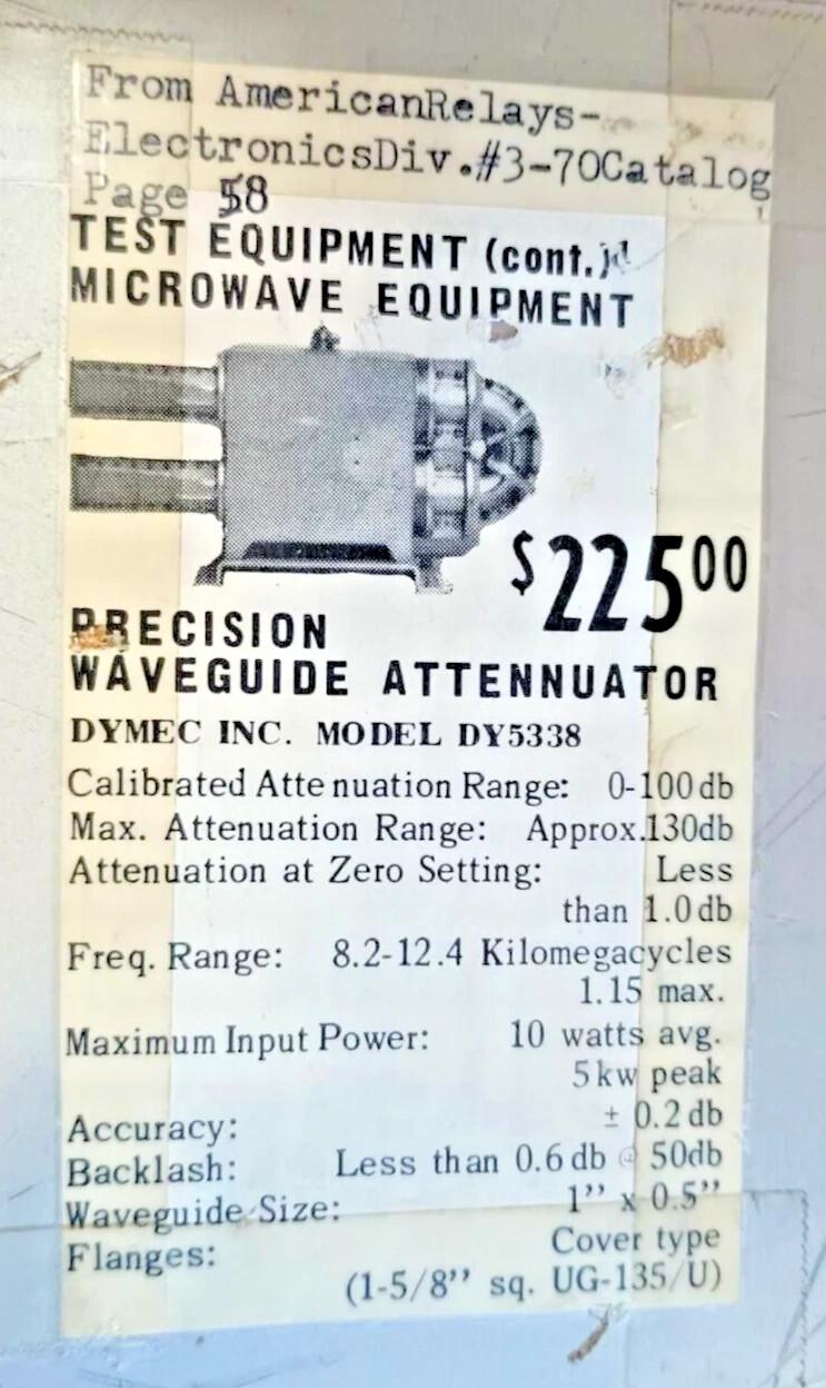 DYMEC INC. Precision Microwave Waveguide Attenuator Model DY5338 USED