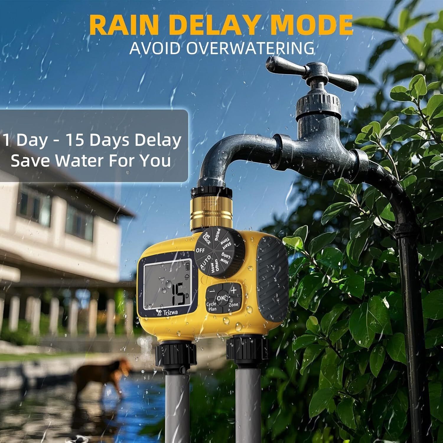 Hose Timer 2 Outlet,2 Zone Programmable Sprinkler Timer with Rain Delay&Manual,w