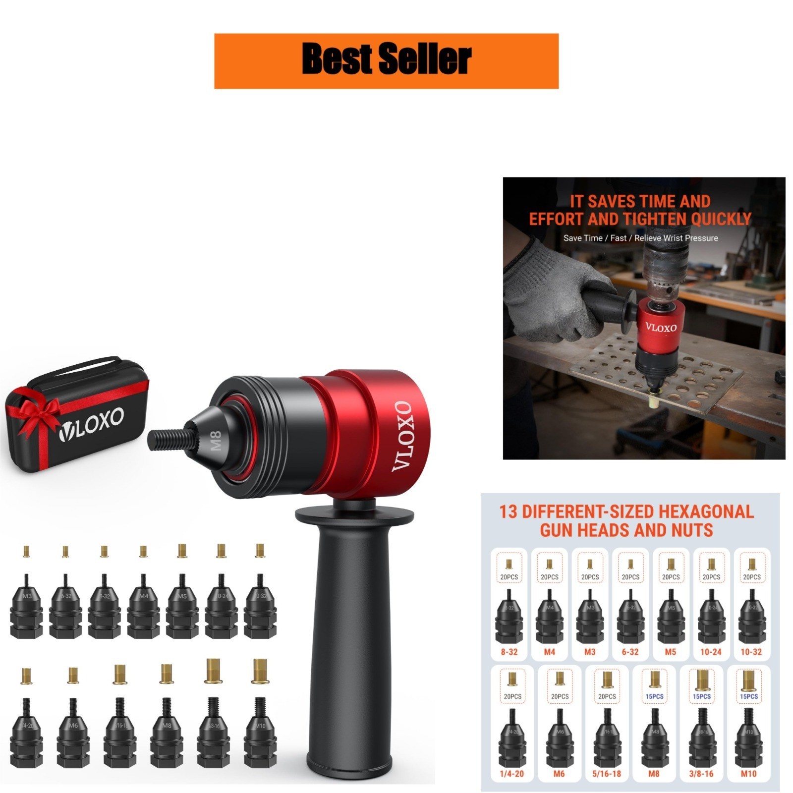 VLOXO Rivet Nut Drill Adapter Kit | 13 Heads & 245 Rivnuts Included