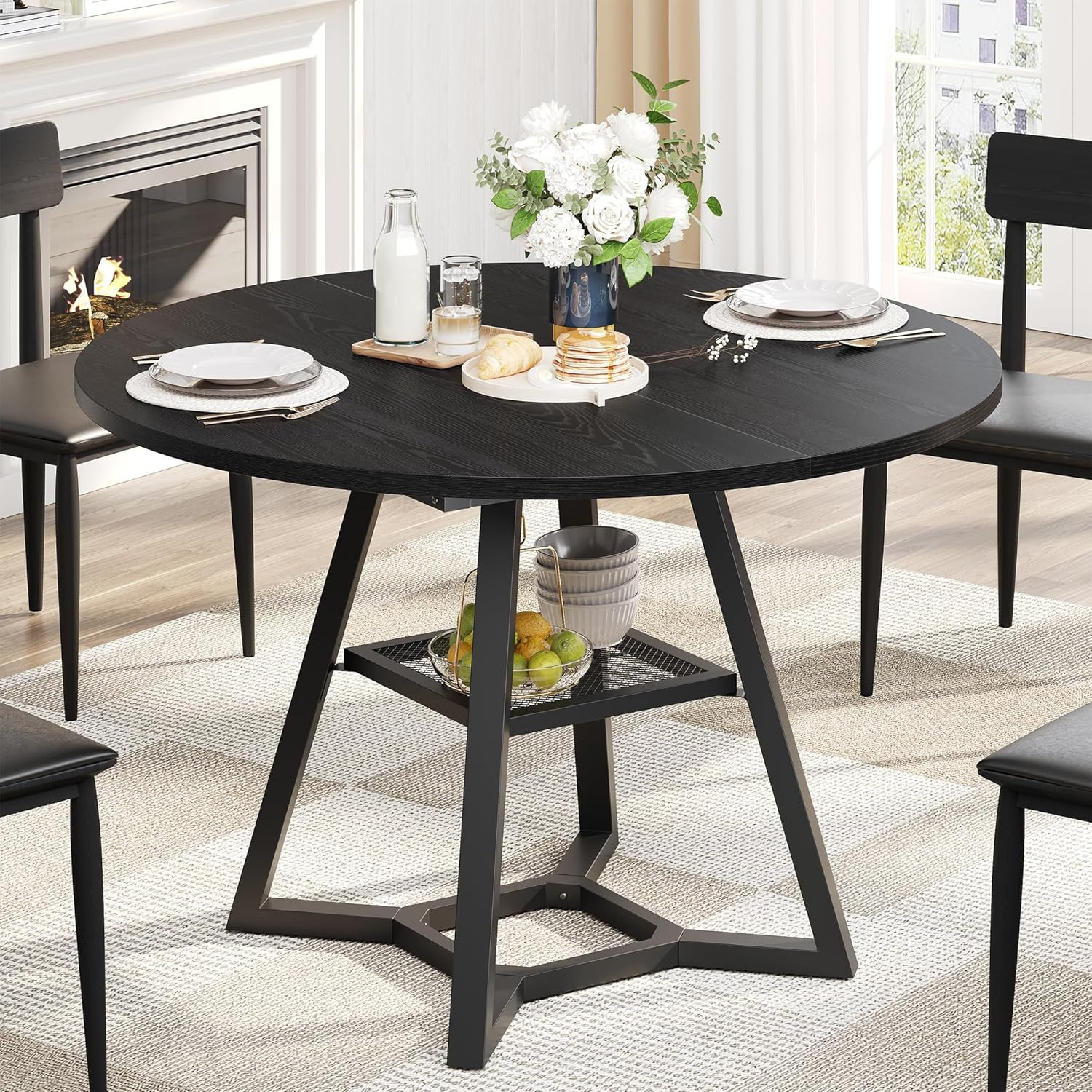 43" Round Dining Table for 4 - Space-Saving Black Wood & Metal Design