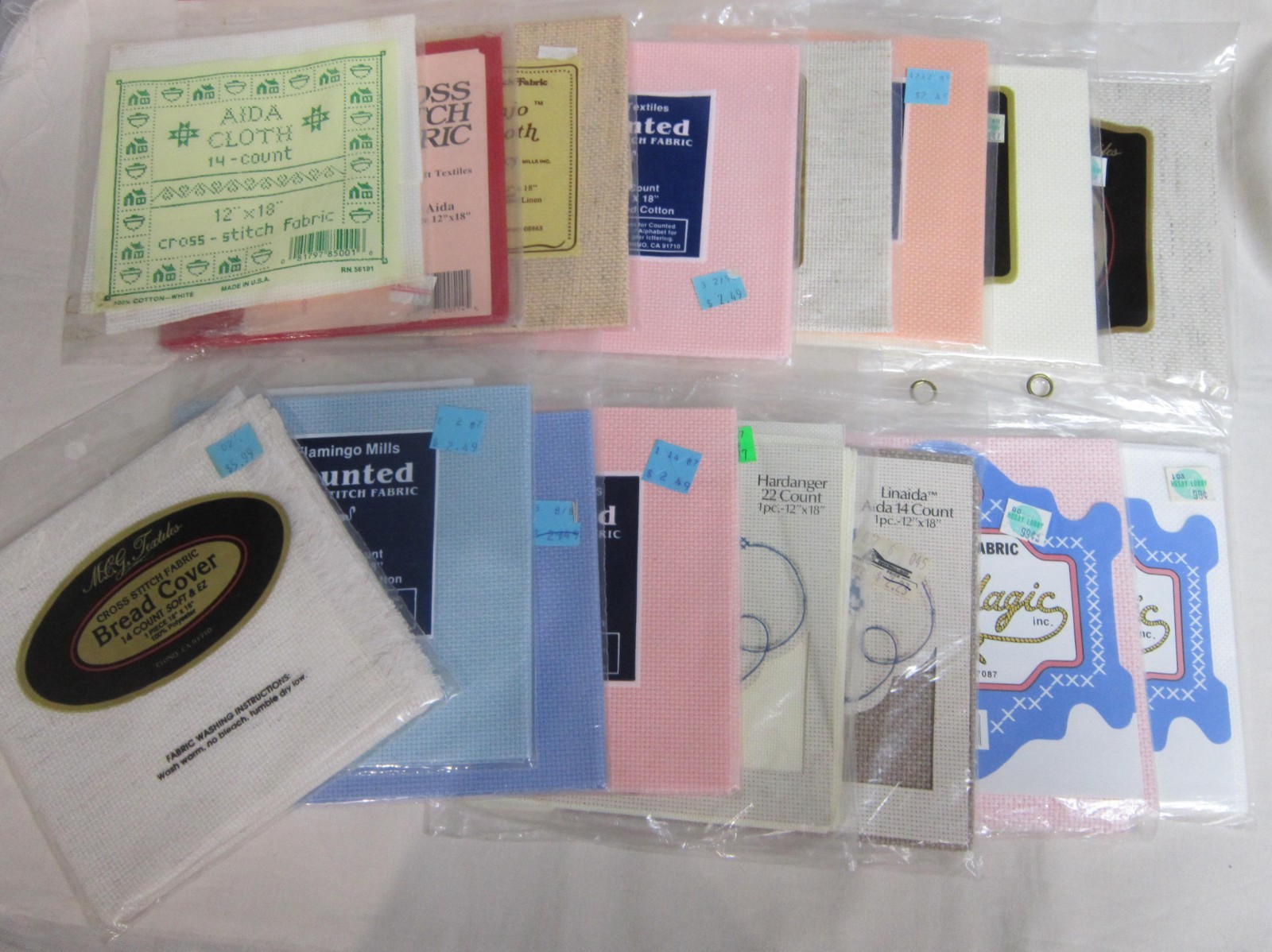 16 Pkgs. Aida Cloth- Mixed Colors/Brands MIP - 14, 18 & 22 Ct. -MIP