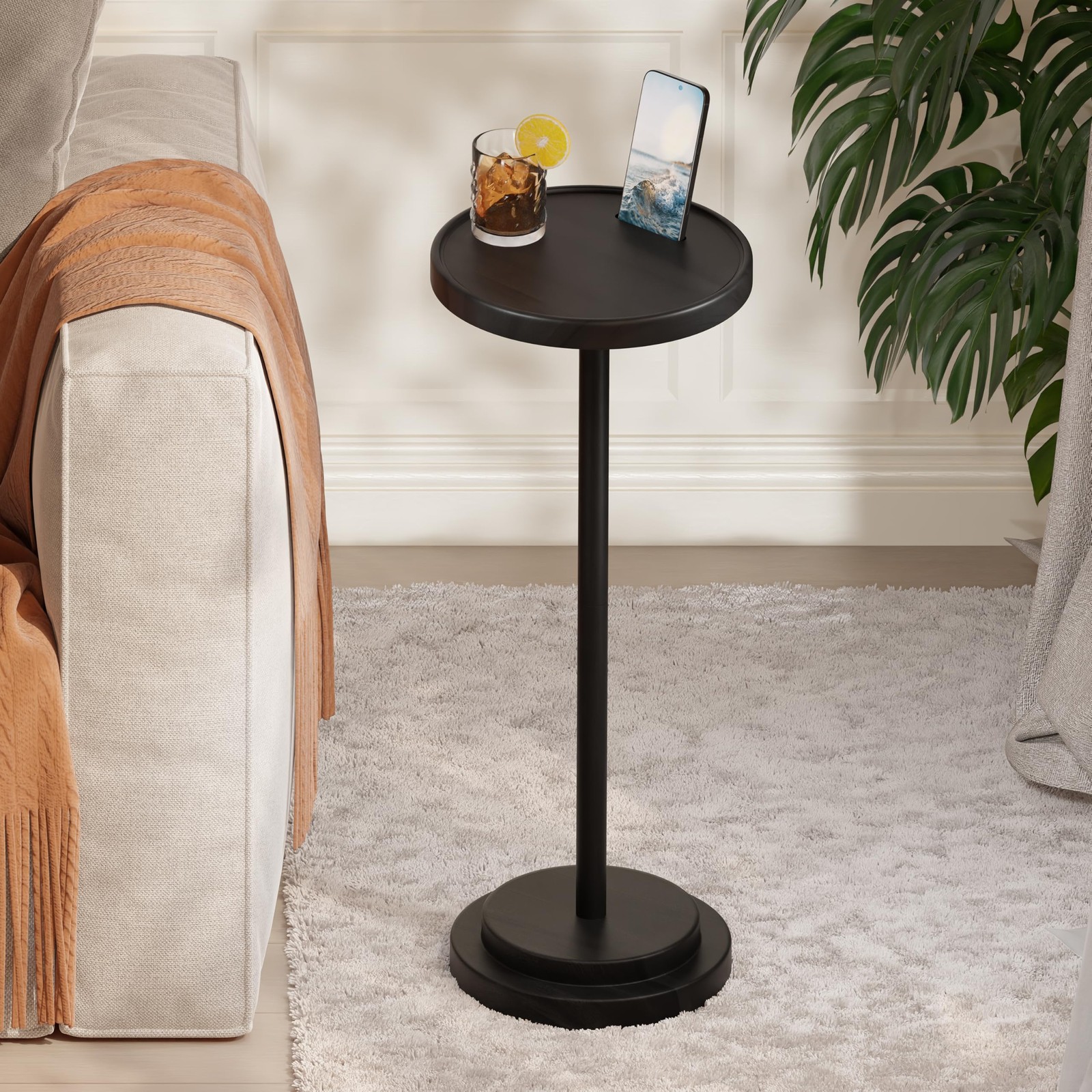 Drink Table 24.4 Inch Tall Compact Side Table Phone Slot Black