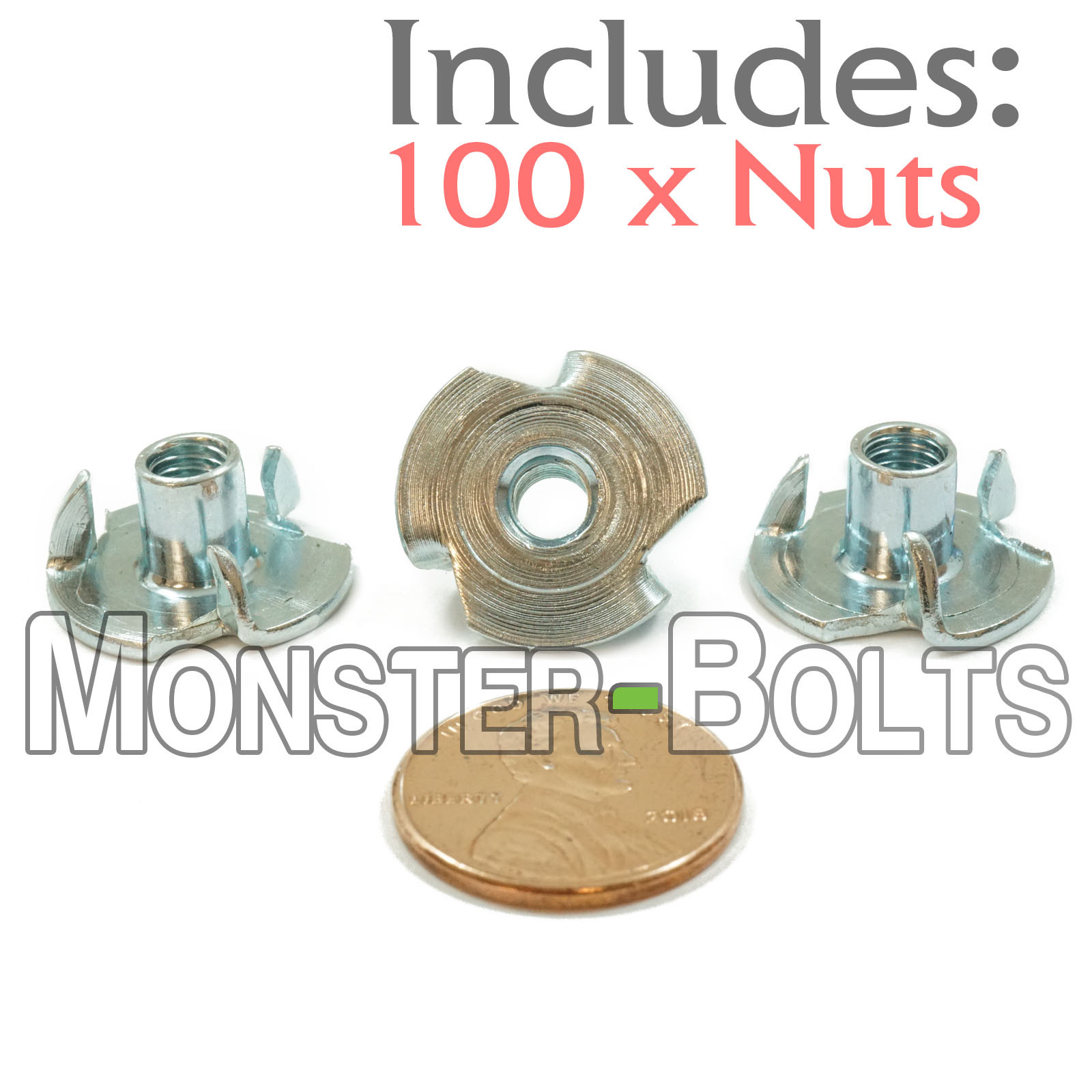 #10-32 x 5/16" - Qty 100 - 3 Prong Tee Nut Straight Barrel Zinc Plated T-Nut