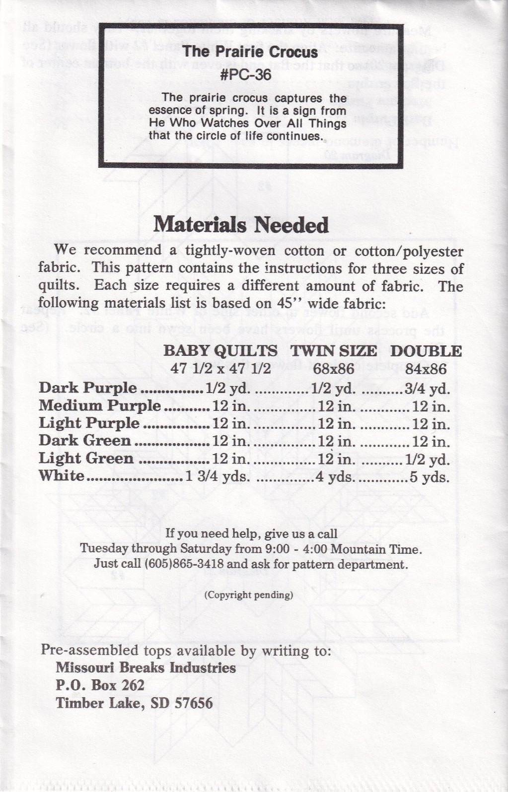 Prairie Crocus Quilt Pattern by Missouri Breaks Industries #PC-36 Makes 3 Sizes