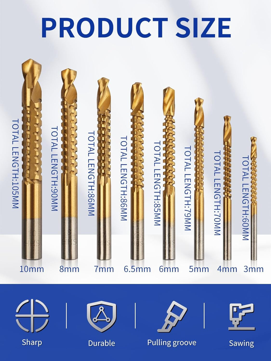 8 Pack 3-10Mm Titanium Coated HSS Twist Drill Bits | Serrated Side Cutting Drill