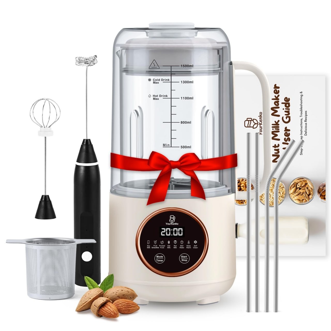 YourKenko 8-in-1 Nut Milk Maker 50oz Glass Soy Oat Almond Milk Machine Frother