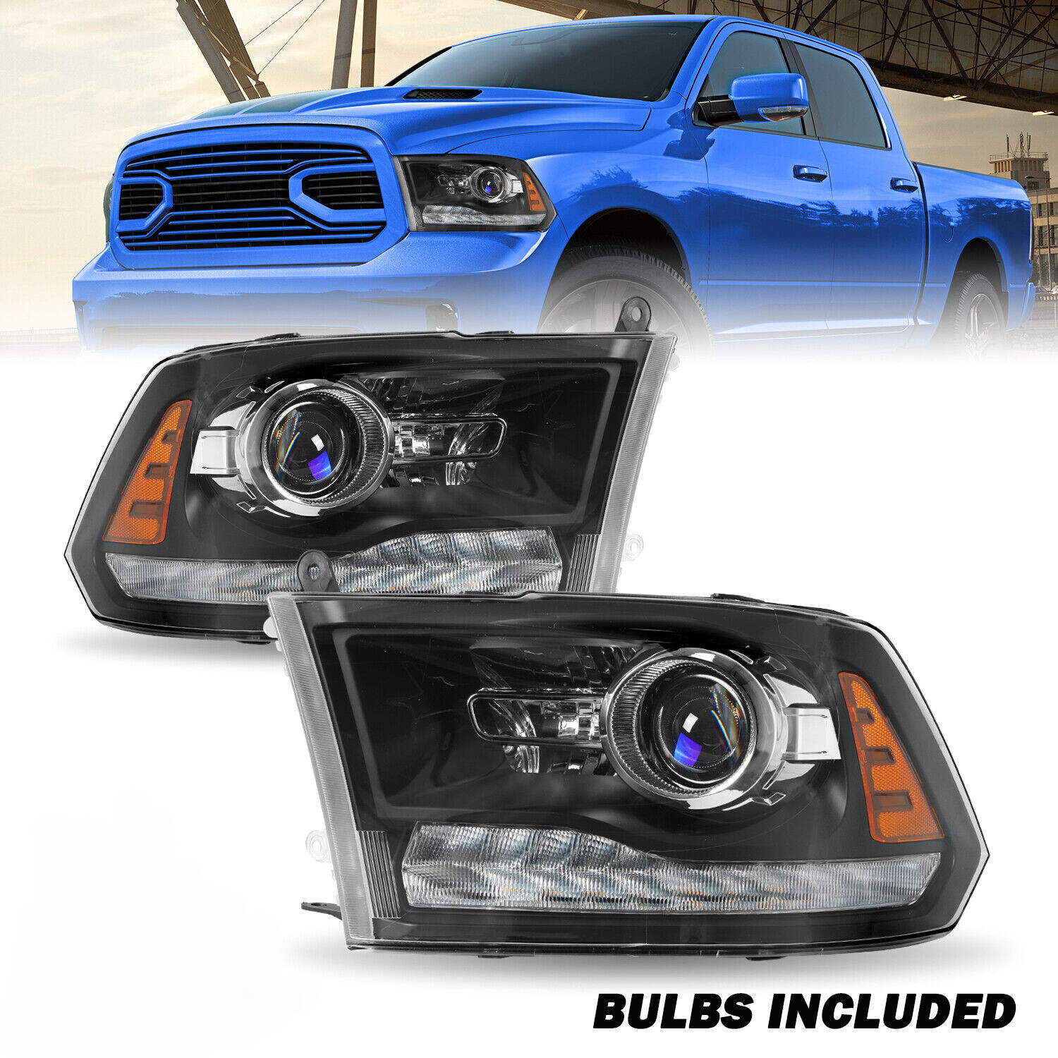 For 2013-2018 Dodge Ram 1500 2500 3500 LED DRL Black Projector Headlights Pair
