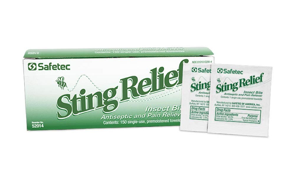 Safetec Sting Relief Insect Bite Antiseptic & Pain Reliever Wipes, 150 Count
