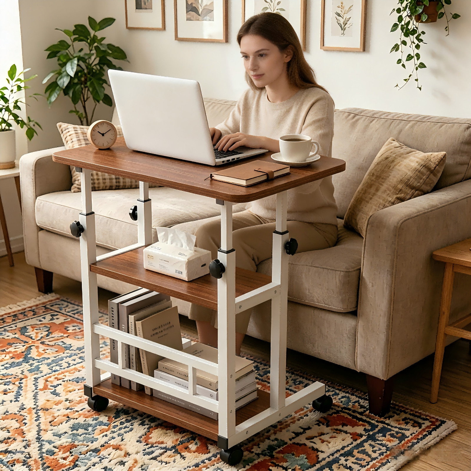 Adjustable Height Desk Space-Saving Furniture 3-tier Walnut Rolling Workstation