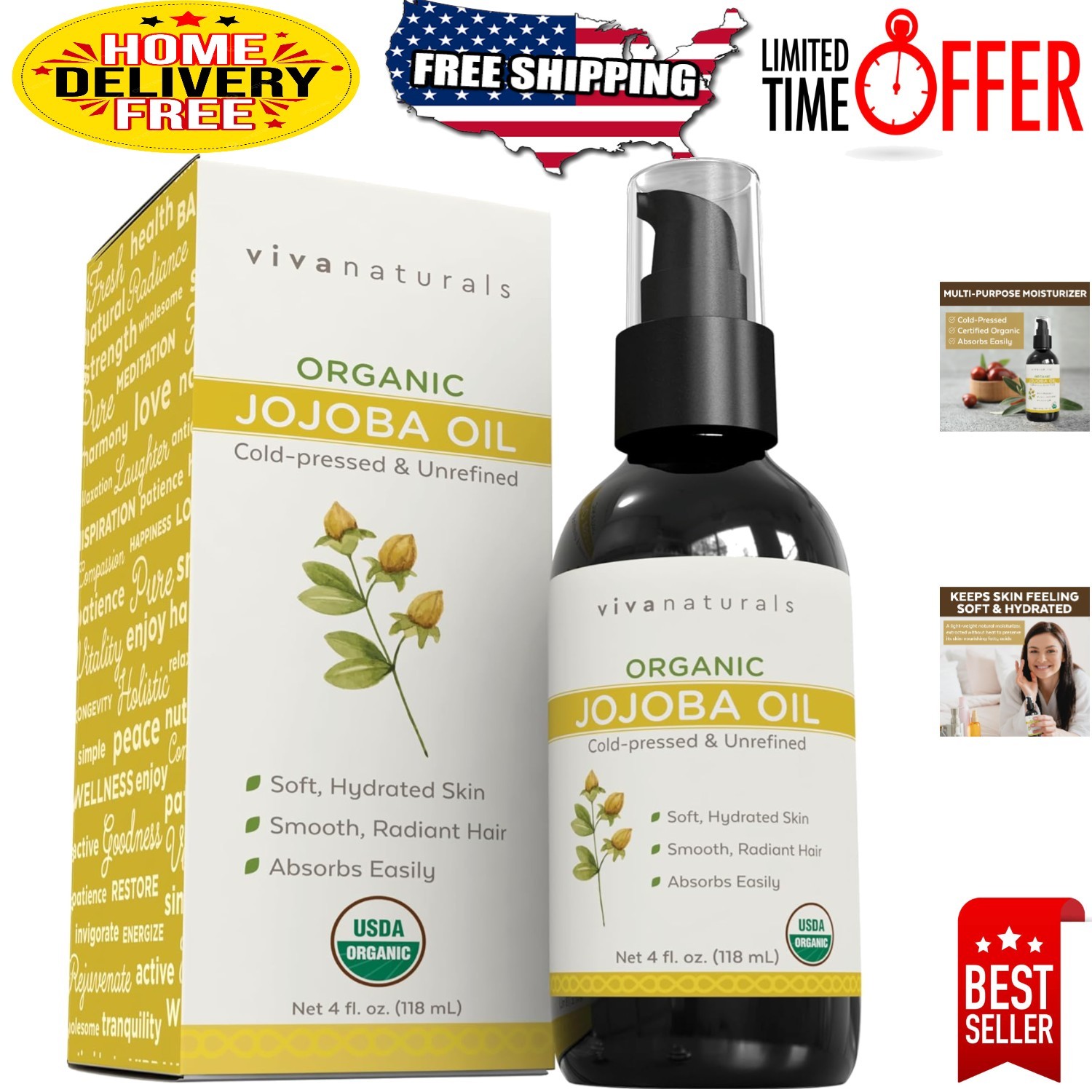 Cold-Pressed Organic Jojoba Oil - Nourishing Skin and Hair Moisturizer, 4 Fl Oz