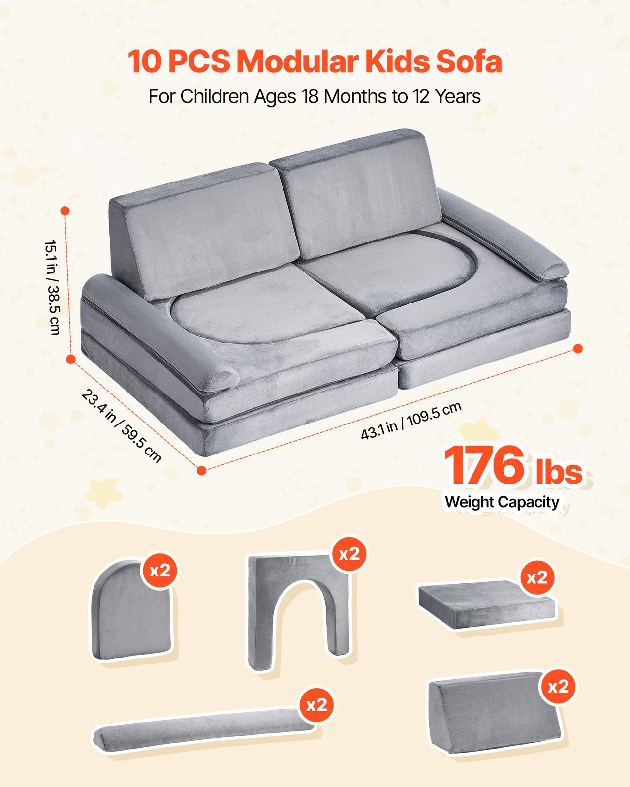 VEVOR Modular Kids Play Couch Sectional Toddler Sofa with Armrests 10 Pcs Gray
