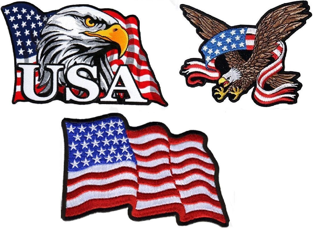 Eagle Head Flag Eagle Banner Waving USA Flag Patriotic Patch (3PC -Iron on Sew)