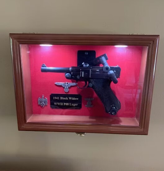 Gun Display Case Walnut LED Light Handgun Pistol Revolver Lock Wood Shadow Box