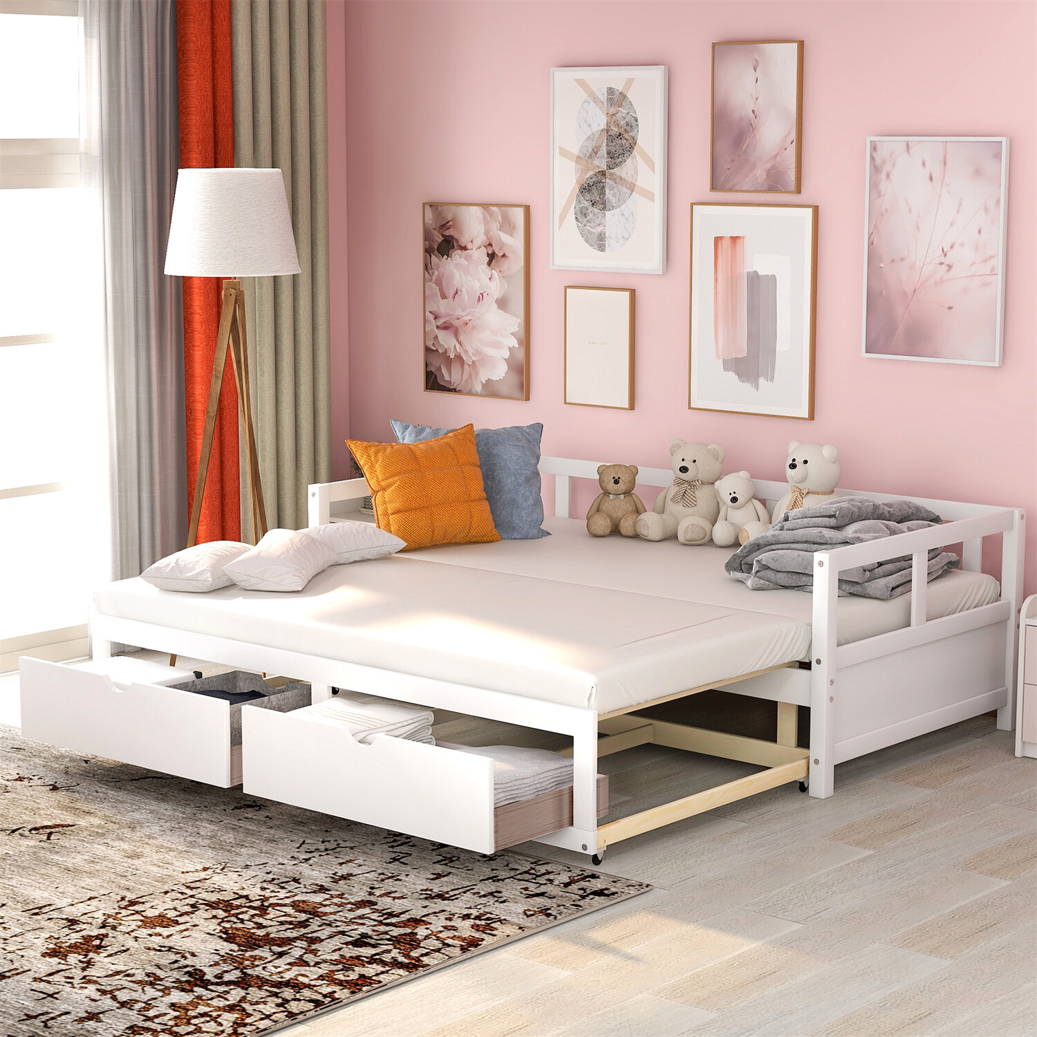 Twin Size Daybed Bed Frame Sofa Bed with Trundle & 2 Drawers White/Gray/Espresso
