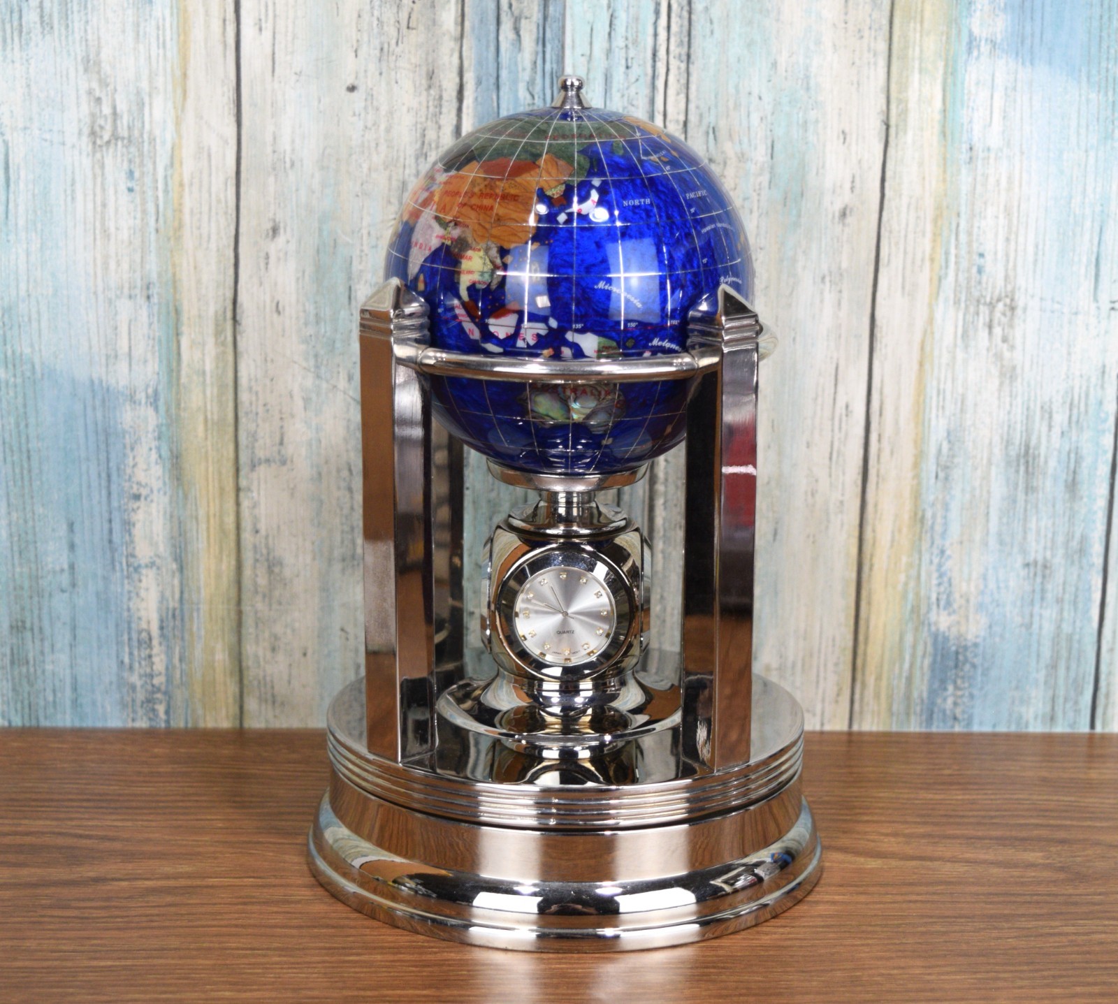 Caribbean Blue Gemstone Rotating Musical Globe With Clock & Thermometer