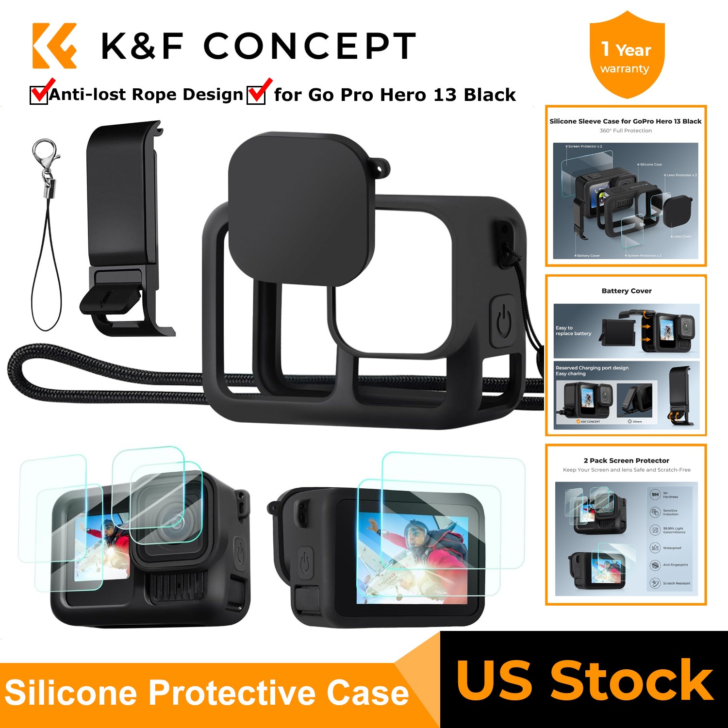 K&F CONCEPT Silicone Protective Case Set Screen Protector fr GOPRO Hero 13 Black