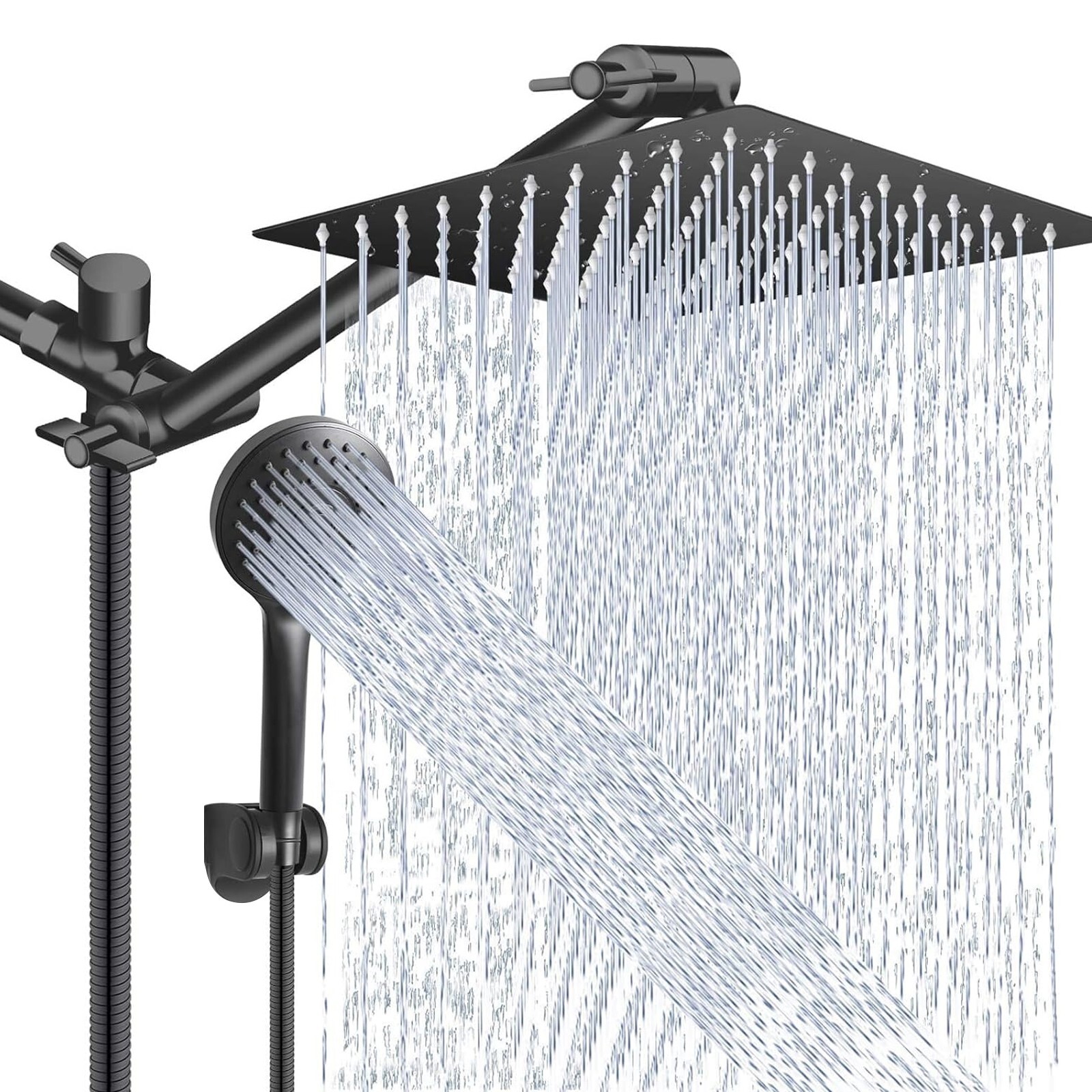 Black 8inch Rain Square Shower Head with Handheld Spray High Pressure Adjustable