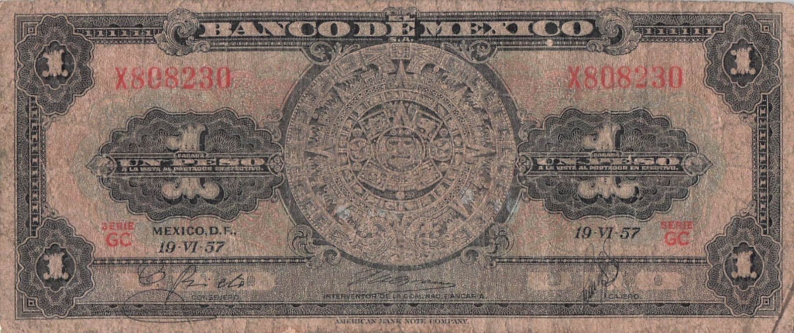 Mexico  1  Peso  19.6.1957  Series  G C  Prefix  X  Circulated Banknote G 16