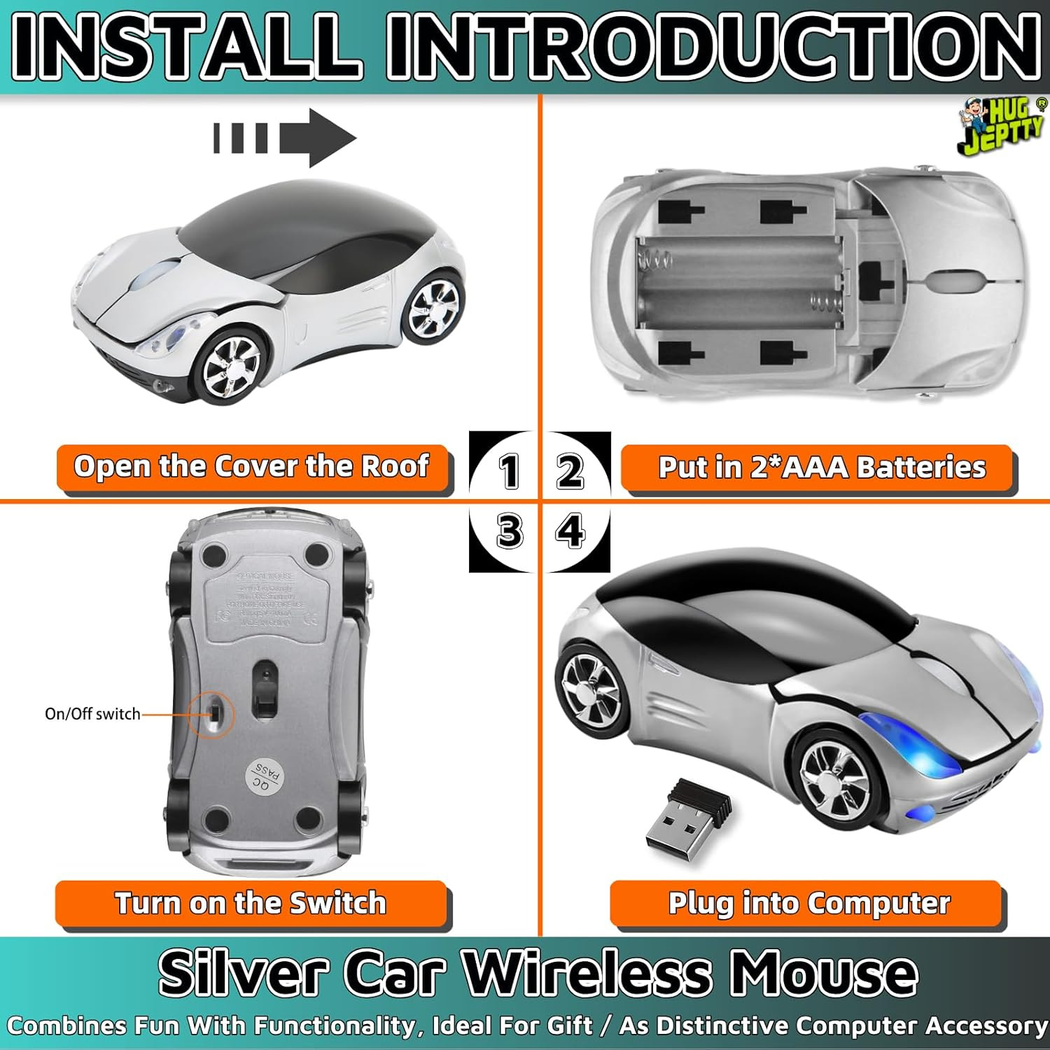 Silver Car Mouse，1600Dpi 2.4G with USB Reciver Computer Mice for Computer Wirele