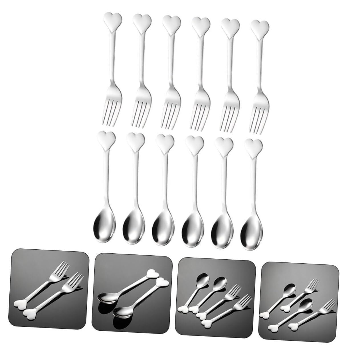 12 PCS Heart Shaped Appetizer Fork Spoons Silverware Set Dessert Fruit