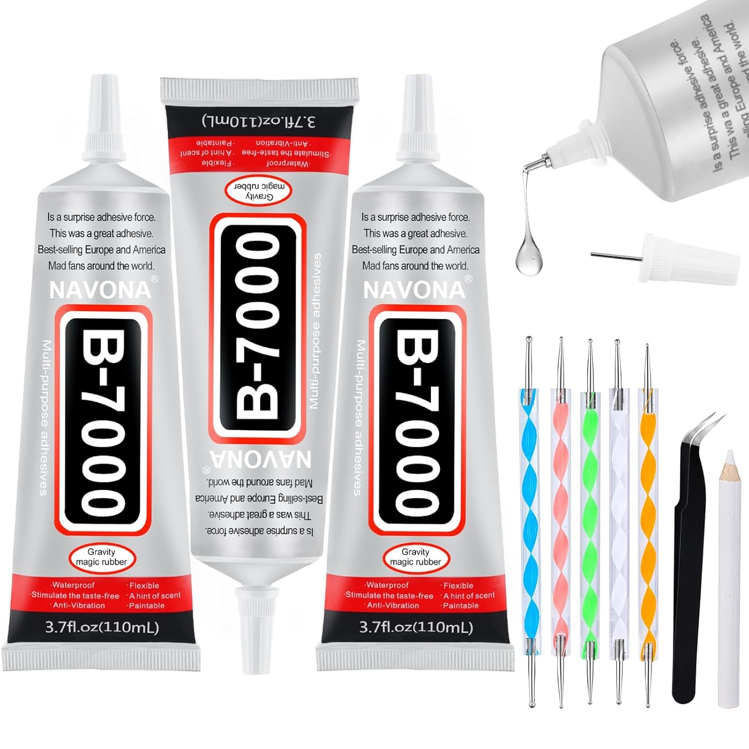 3 PCS 110ml B7000 Glue Clear with Precision Tip, B7000 Rhinestone Glue Set, Craf
