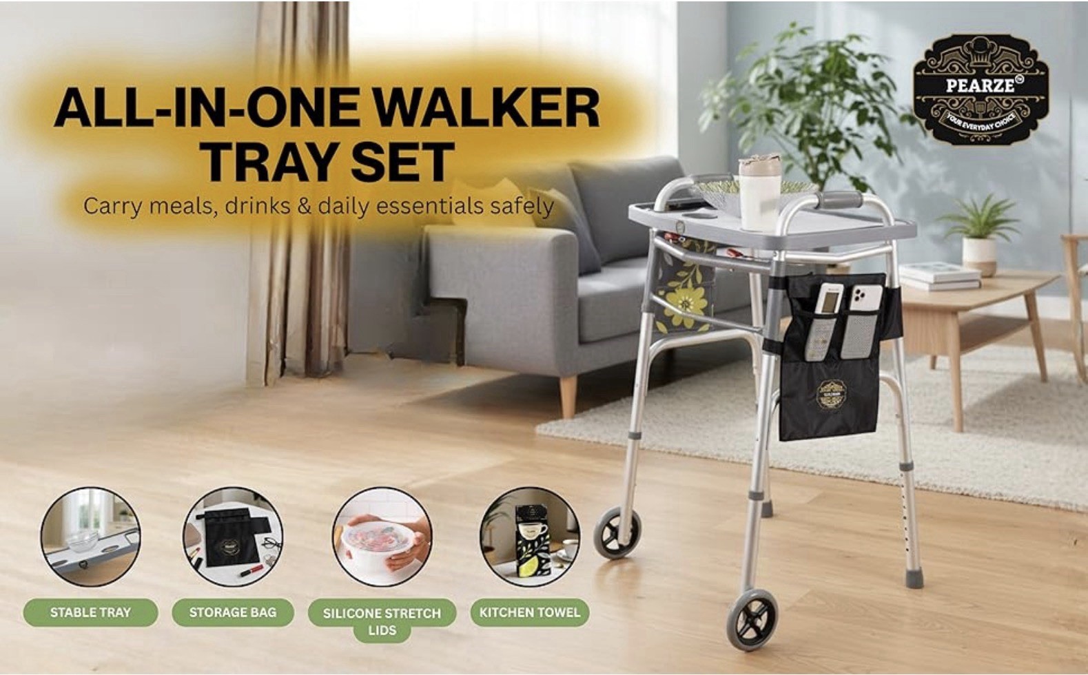 Pearze®️ Walker Tray for Rolling Folding Walker with Cup Holders ~ Nonslip Mat