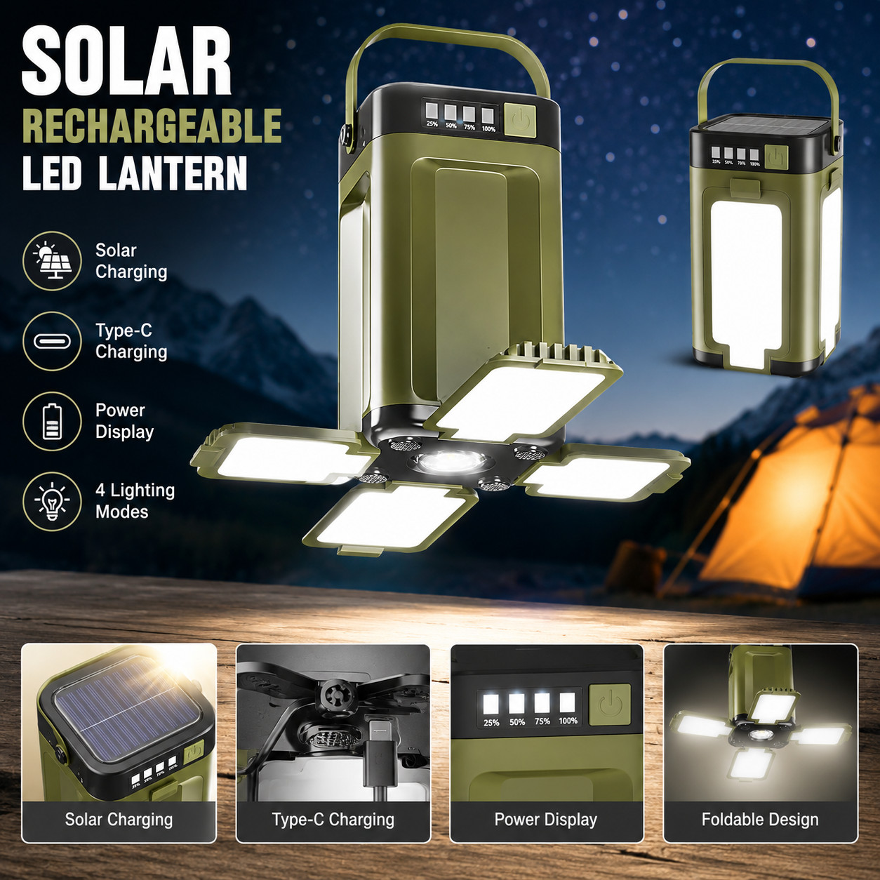 Portable Solar Power Lamp Camping Lantern Rechargeable Waterproof Outdoor Light