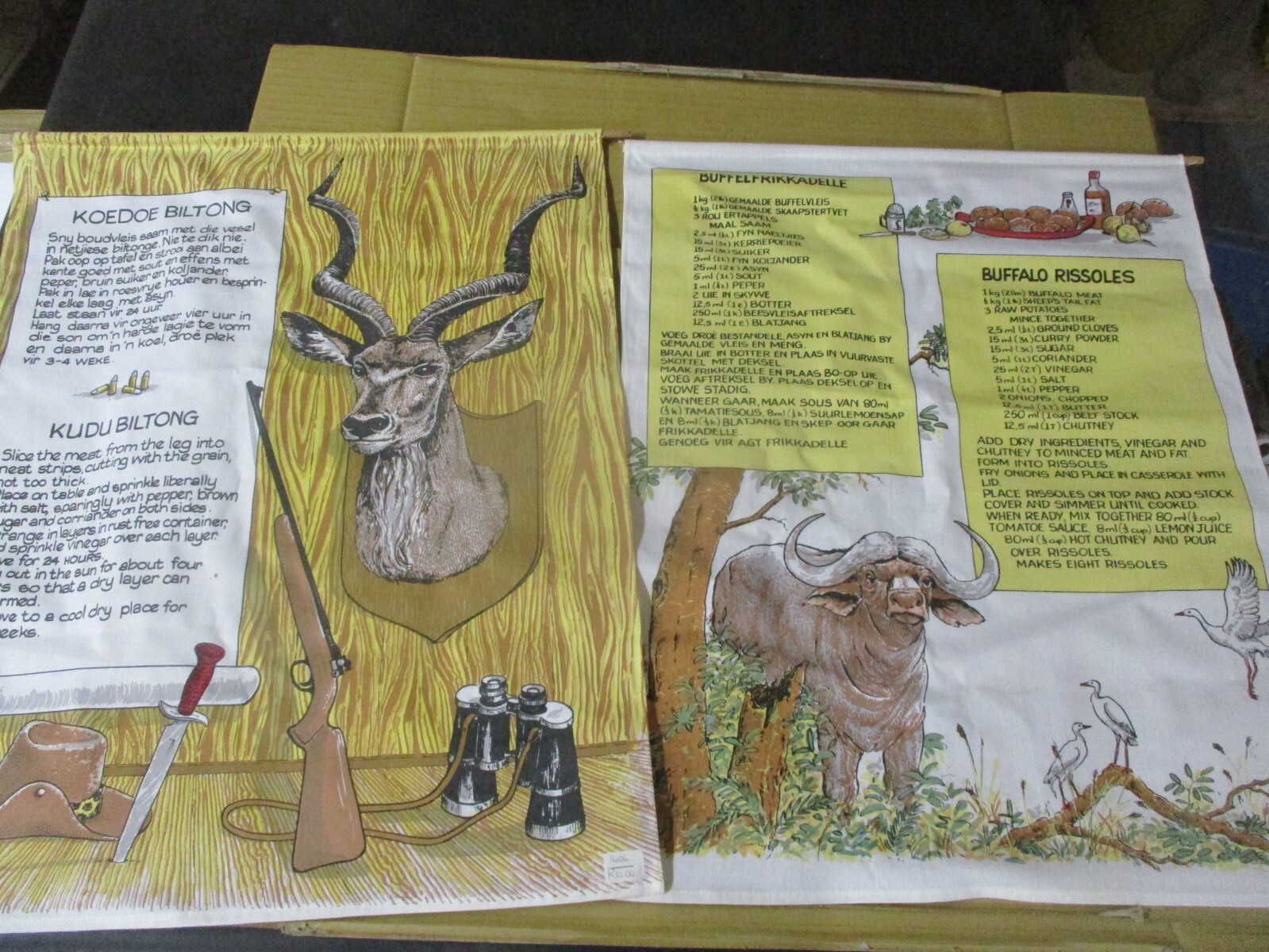 2 Animal Recipe Tapestries, Kudu Biltong, Buffalo Rissoles 22" x 17"