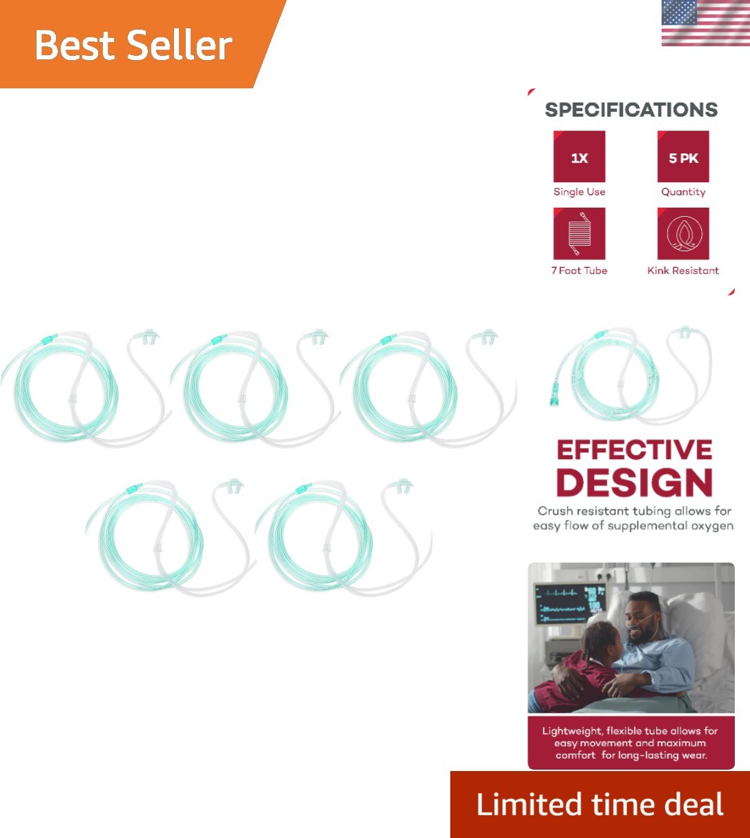 Comfortable and Lightweight Adult Nasal Cannula - 7 ft Visibility Pack of 5