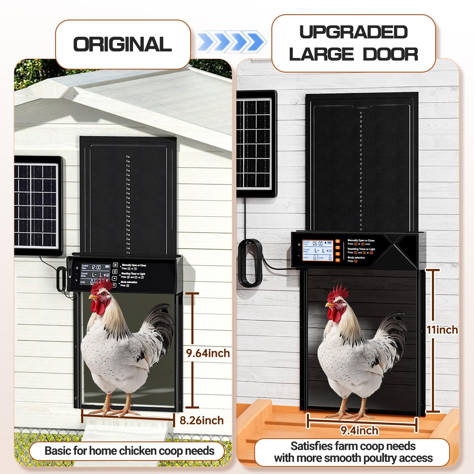 Automatic Solar Powered XL Chicken Coop Door - 4 Modes, Timer, Light Sensor, Rem
