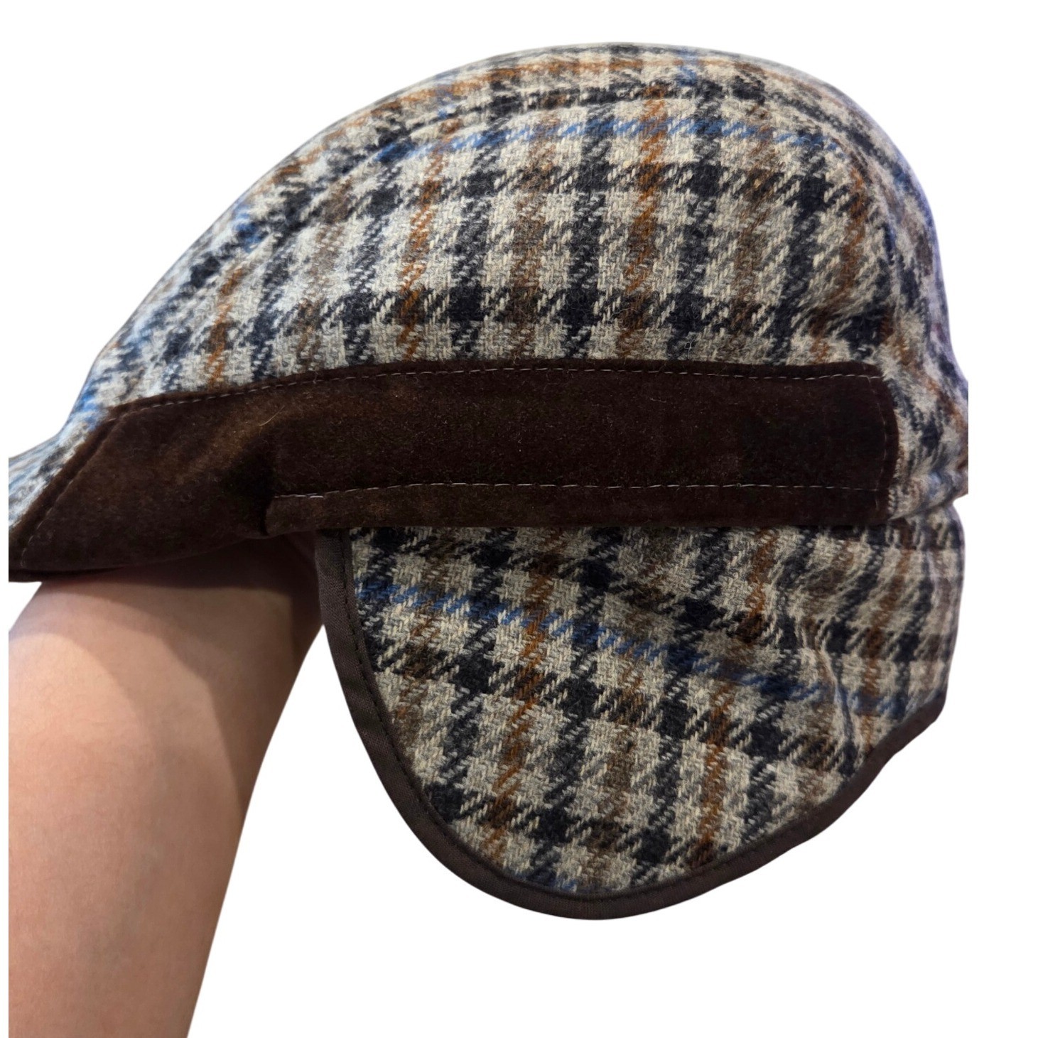 Houndstooth Newsboy Cap Brown Blue Plaid Driving Golf Hat Ear Flaps