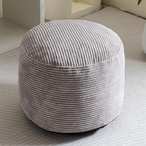 Round Stuffed Pouf Ottoman, Corduroy Poufs with Foam Chunk 20 inch Grey