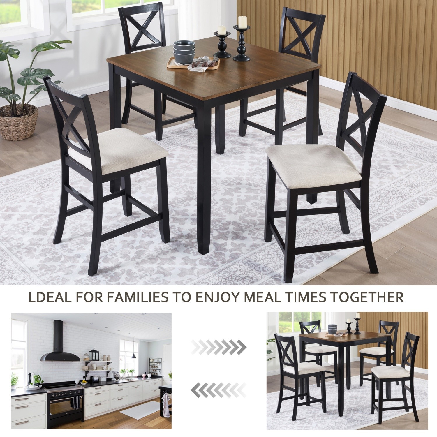 5-Piece Square Dining Table Set with Wood Kitchen Table and 4 Upholstered Chairs