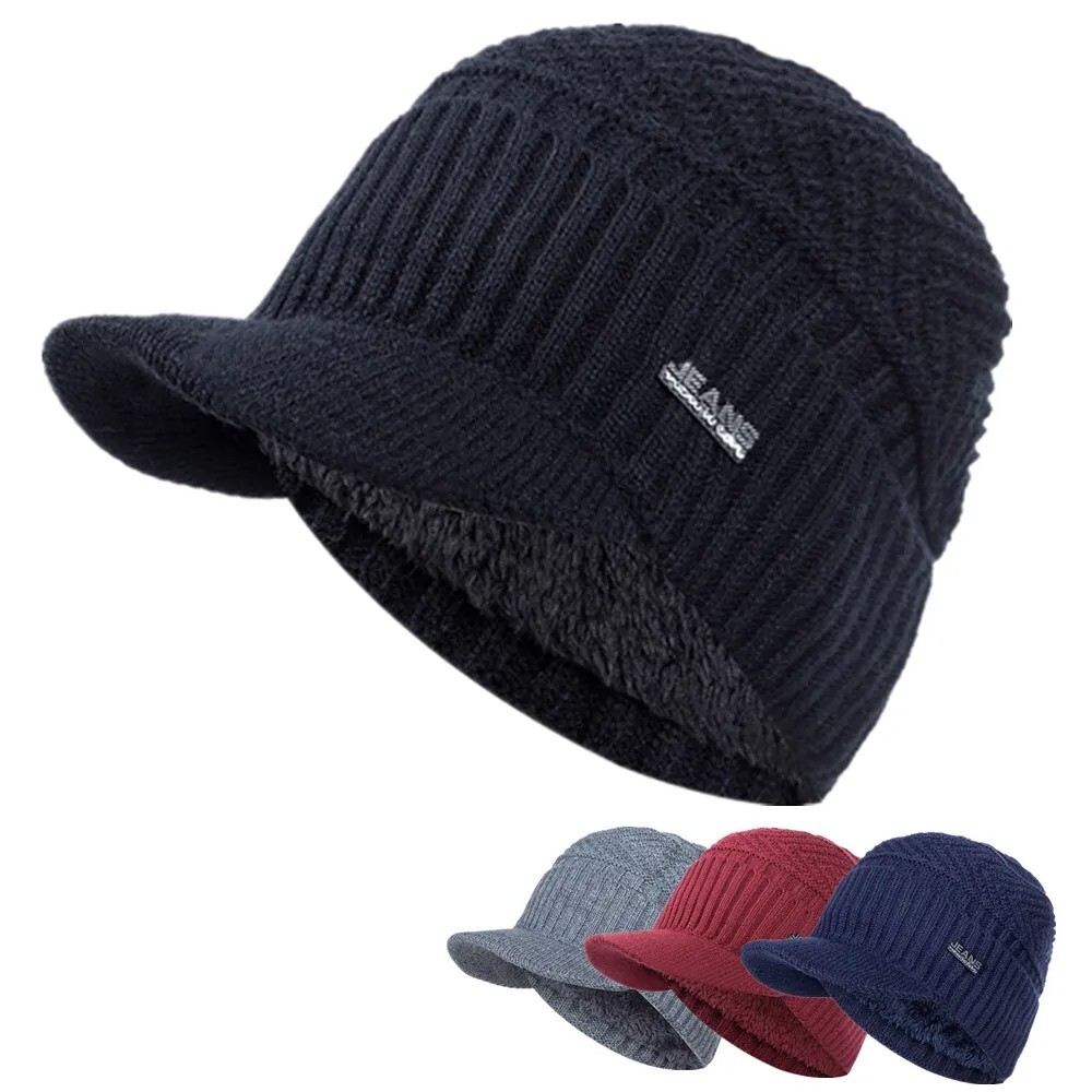 StylishUnisex Warm Winter Hats Add Fur Lined Soft Beanie Cap With Brim Thick