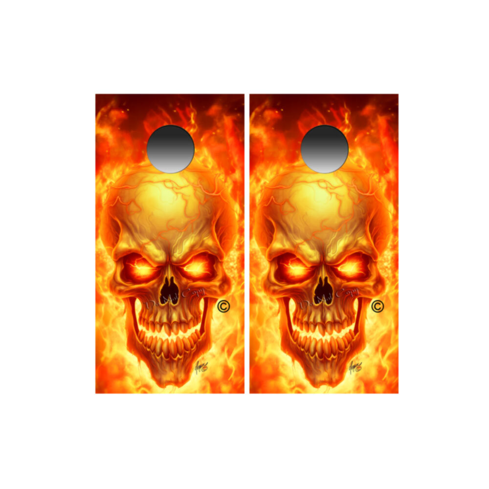 Flaming Skull Cornhole Wraps Vinyl Decals Fire Skull and Bones Undead Skulls