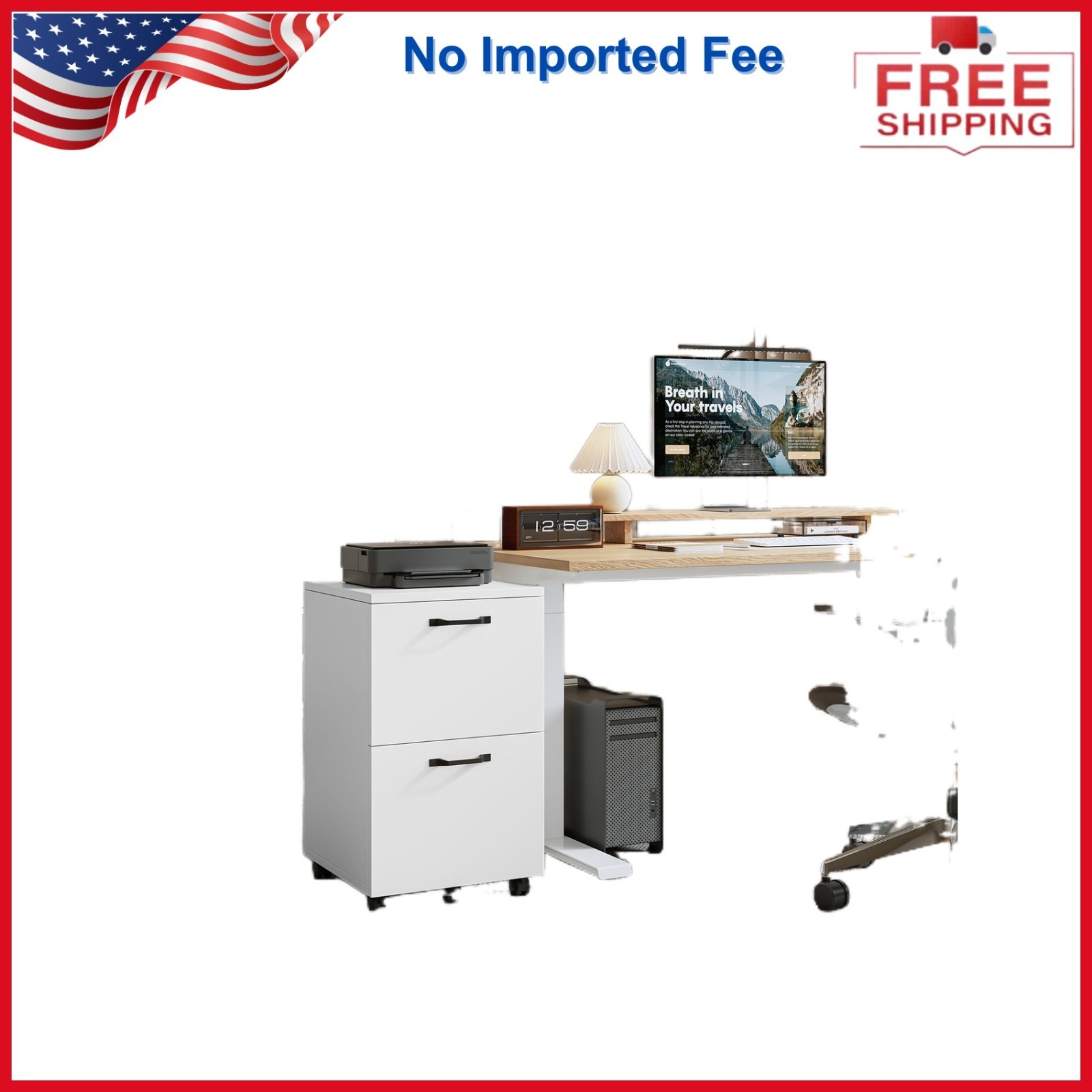 Gianna 2-Drawer Rolling File Cabinet With Lockable Wheels, Printer Stand, White
