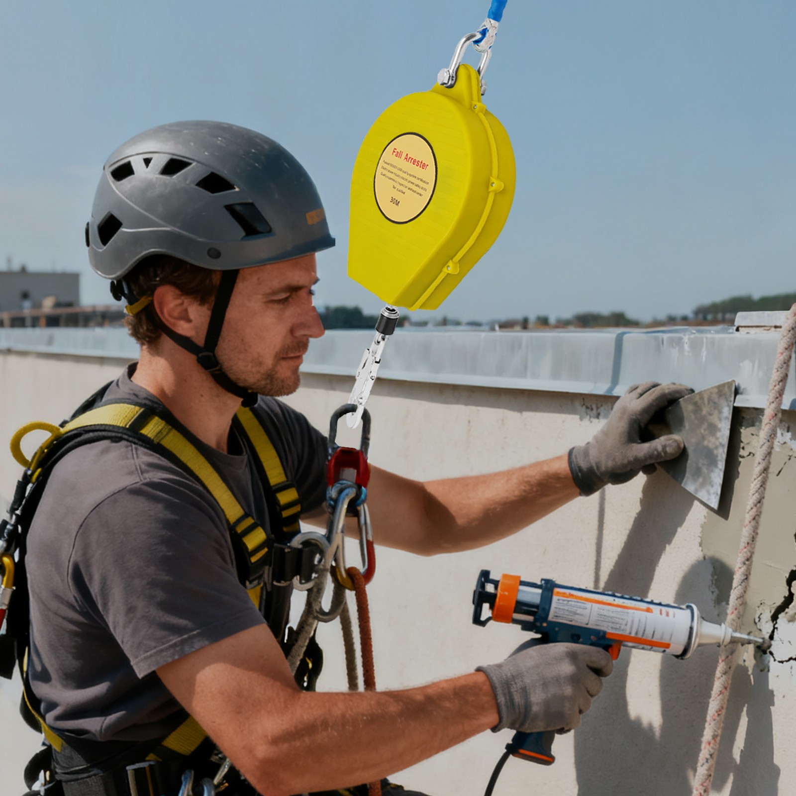 30M-Range Self-rRetractable Fall Arrester Fall Arrest Protector Yellow Max 150kg