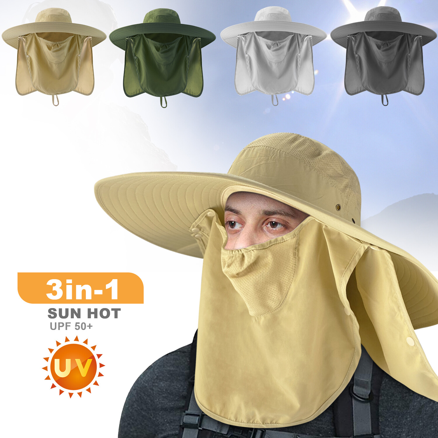 Wide Brim Sun Hat UV Protection Bucket Cap For Hiking Camping Fishing Safari Men